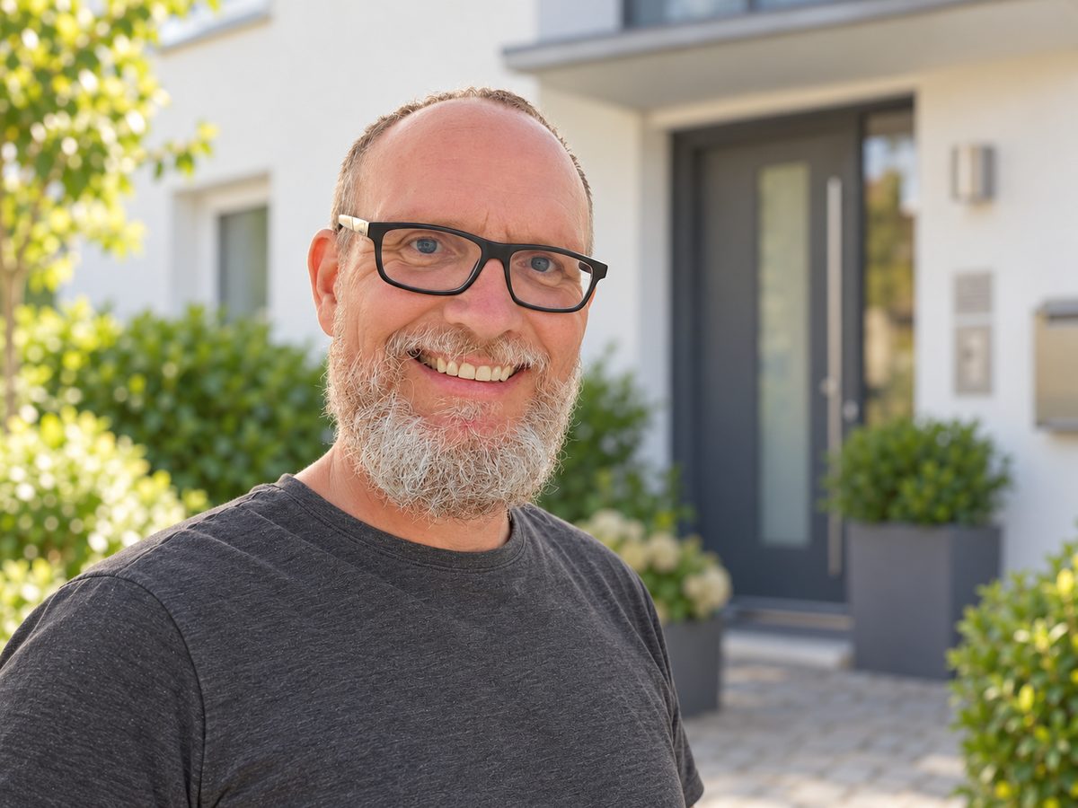 André Mayer, Ihr Ansprechpartner, lächelnd vor einem Wohnhaus